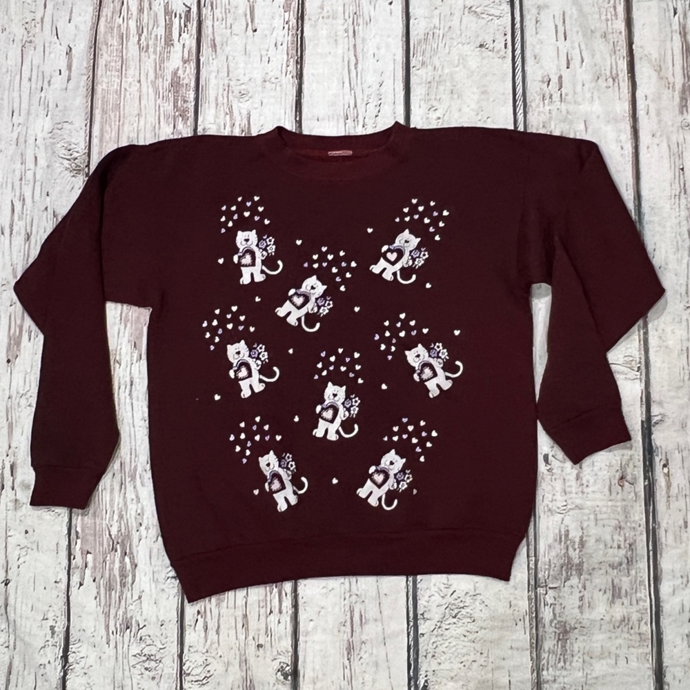 Vintage 1980s Cat and Flowers Cute Crazy Cat Lady 80s Crewneck Sweatshirt